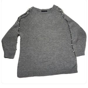 A Love Story Women Grey Knit Sweater Slit Sleeve And Pearls & Silver Beads 1XL